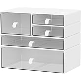 Yashong Desk Organizer Set, White & Clear Stackable Dustproof Storage Boxes for Desktop, Office, Bathroom, DIY Craft & Vertical Space Saving, Perfect for Makeup, Stationery Organization (5 Drawer)