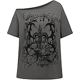 RoseSeek Women's Off The Shoulder Tops Gothic Graphic Tee Y2k Grunge Vintage Oversized T Shirts Trendy Outfits