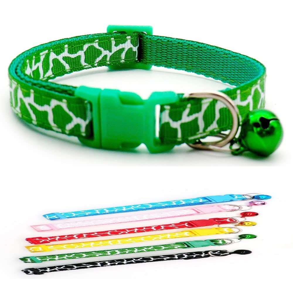 Small Dog Puppy Pet Collar Zebra Giraffe Animal Print Design with Bell Nylon Adjustable Size 19-32cm Green