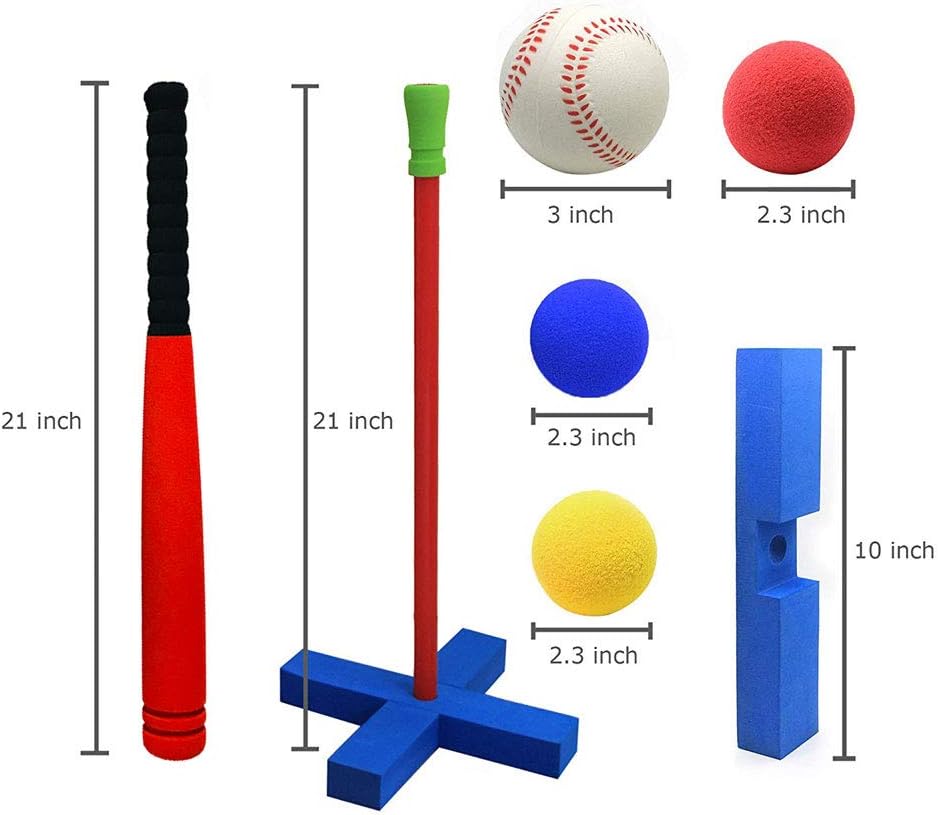 FOREVIVE Soft Foam Baseball Set Kids Indoor and Outdoor Baseball t-Ball Toys Easy t-Ball Training Set / 4 Balls, 1 Racket, 1 Batting t, Including Portable Carry Bag (21in, Red Black): Toys & Games