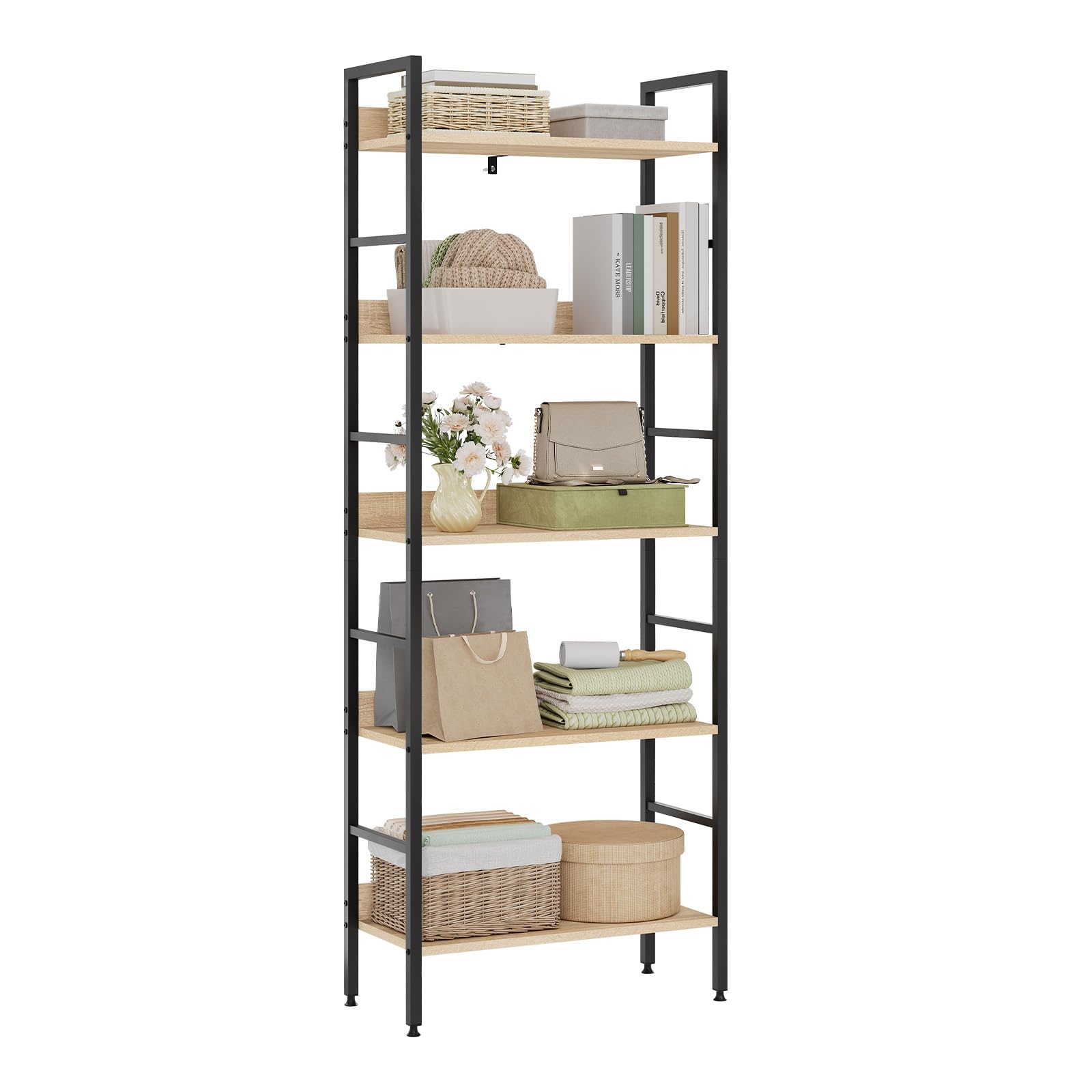 WOLTU Bücherregal, offenes Standregal mit 5 Ebenen, stehendes Regal für Wohnzimmer Schlafzimmer Arbeitszimmer, 60x160x27,5 cm, Schwarz + Helle Eiche