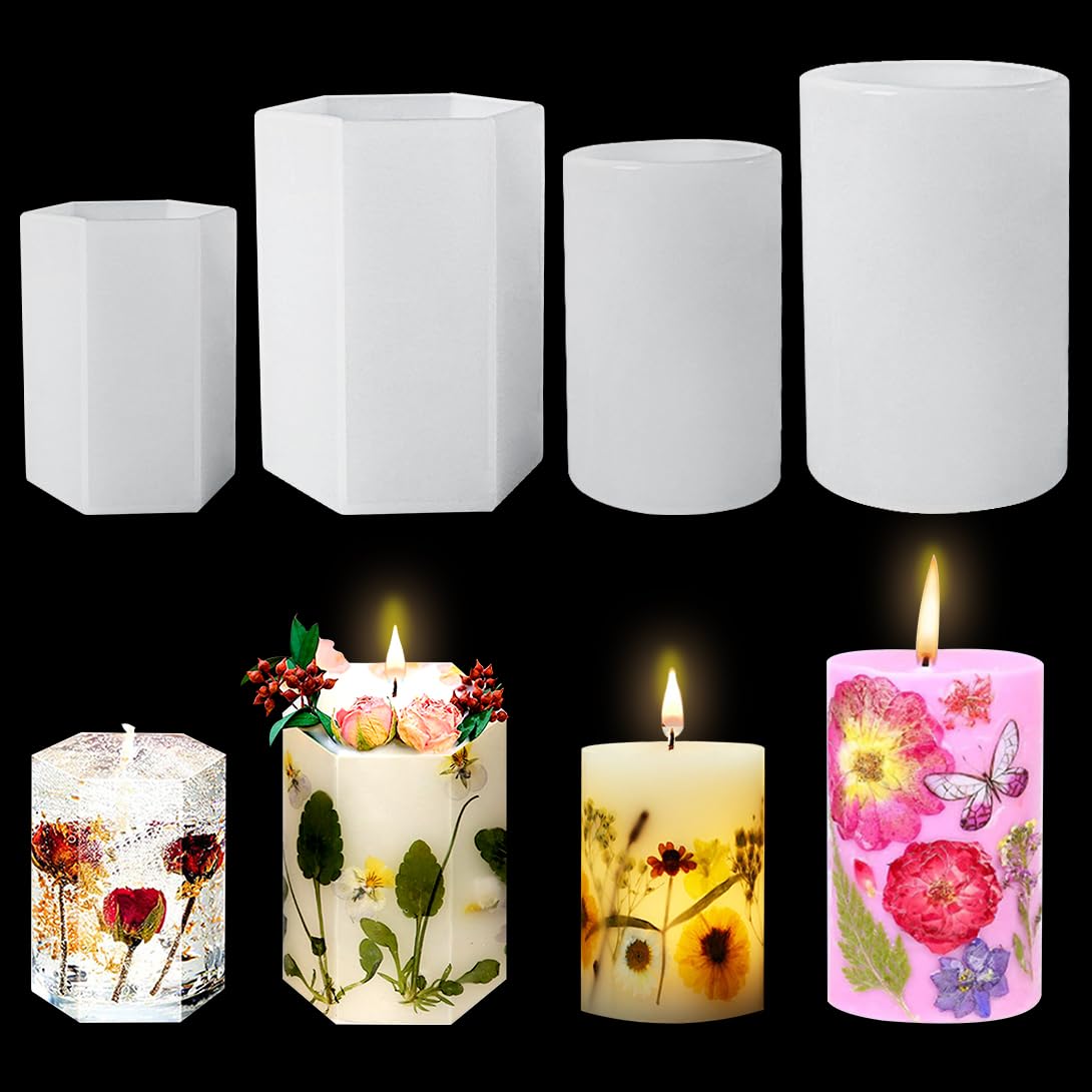 Koonafy 4Pcs Candle Resin Molds, Cylinder Holder Silicone Moulds, Pillar Can Epoxy Molds, Hexagon Wax Casting Molds, Candle Mould Cylinder for DIY Soap, Art Craft, Candlelight Dinner