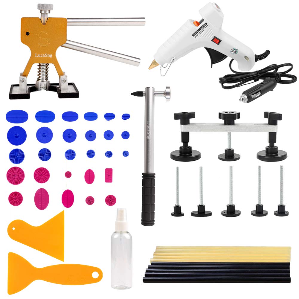 LucaSng 51 Pcs Car Body Paintless Dent Puller Removal Repair DIY Tools Kits with Car Hot Gun/Glue Sticks/Dent Lifter/Suction Tab/Dent Hammer/Bridge-Silver