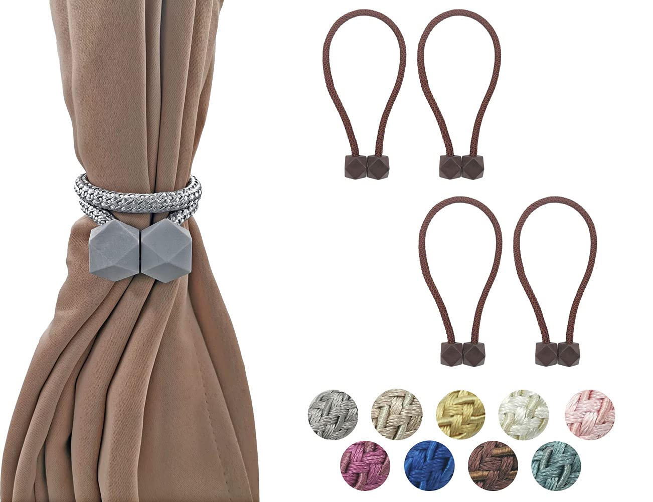 HYX 4 Piece Magnetic Curtain Tiebacks Holdbacks, Modern Curtain Tieback Clips, Curtain Rope Holder Tie Backs, Decorative Hold Backs for Home Office Decoration (Brown)