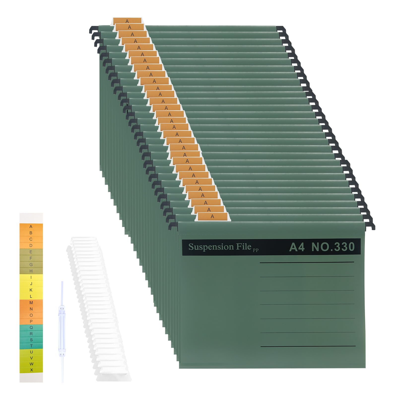 A4 Suspension Files(30 Pack,Green),Polypropylene Filing Cabinet Suspension File with Tabs and Card Inserts