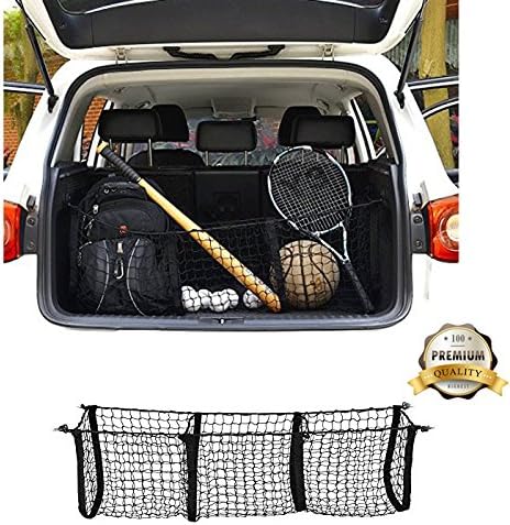 Three-Pocket Mesh Storage Net - Black Mesh Vehicle Cargo Storage Car Trunk Organizer with 3 Mounting Options