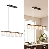 Nwaprh Kitchen Island Lighting, 35-Inch Linear Pendant Light with Double Glass Shades, Matte Black & Wood Grain Finish, 30W I