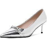 Joseywade Women Low Kitten Heel Pumps Slip On 2.5 Inches Closed Pointed Toe Beaded Metal Buckle Shoes