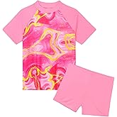 Nokecina Girls Swimsuit Colorful Short Sleeve Bathing Suits UPF 50+ Rash Guard Set Two Piece Summer Swimwear