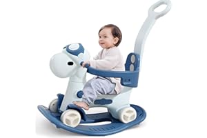 LLPARTY 4 in 1 Rocking Horse for Toddlers 1-3 Years Old, Baby Rocking Toy Fun Birthday Gift for 1+ Kids, Ride on Toy with Guard Rails, Detachable Balance Board and Footrest with Push Handle (Blue)