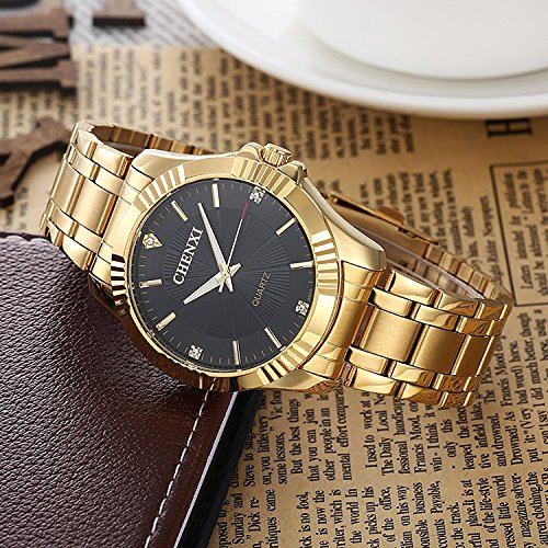 Fanmis Men's Luxury Analog Quartz Watch IP Gold Plating Stainless Steel Black Dial with Rhinestones Business Wrist Watch