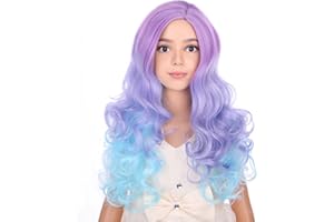 PATTNIUM Long Purple Blue Wig for Kids Child Curly Wavy Purple Pink Wigs Girls Purple Mixed Blue Wig Colored Synthetic Wigs