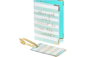 WORLD TRAVELER Eccolo Travel Passport Cover Holder And Luggage Tag Set, Card And Passport Holder for Women, Gift Boxed, “This Girl Was Meant To See The World” (Mint, 5.5x4 inches)