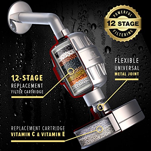 Luxury Filtered Shower Head Set (Metal) Cartridge Vitamin C and E + 12-Stage Shower Water Filter - Universal Shower System - Helps Dry Skin & Hair Loss - Removes Chlorine & Sediments