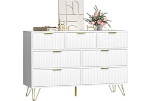 FURNIWAY Dresser for Bedroom, White Bedroom Dresser with 7 Drawers, Modern Wide Dresser with Gold Pulls,White