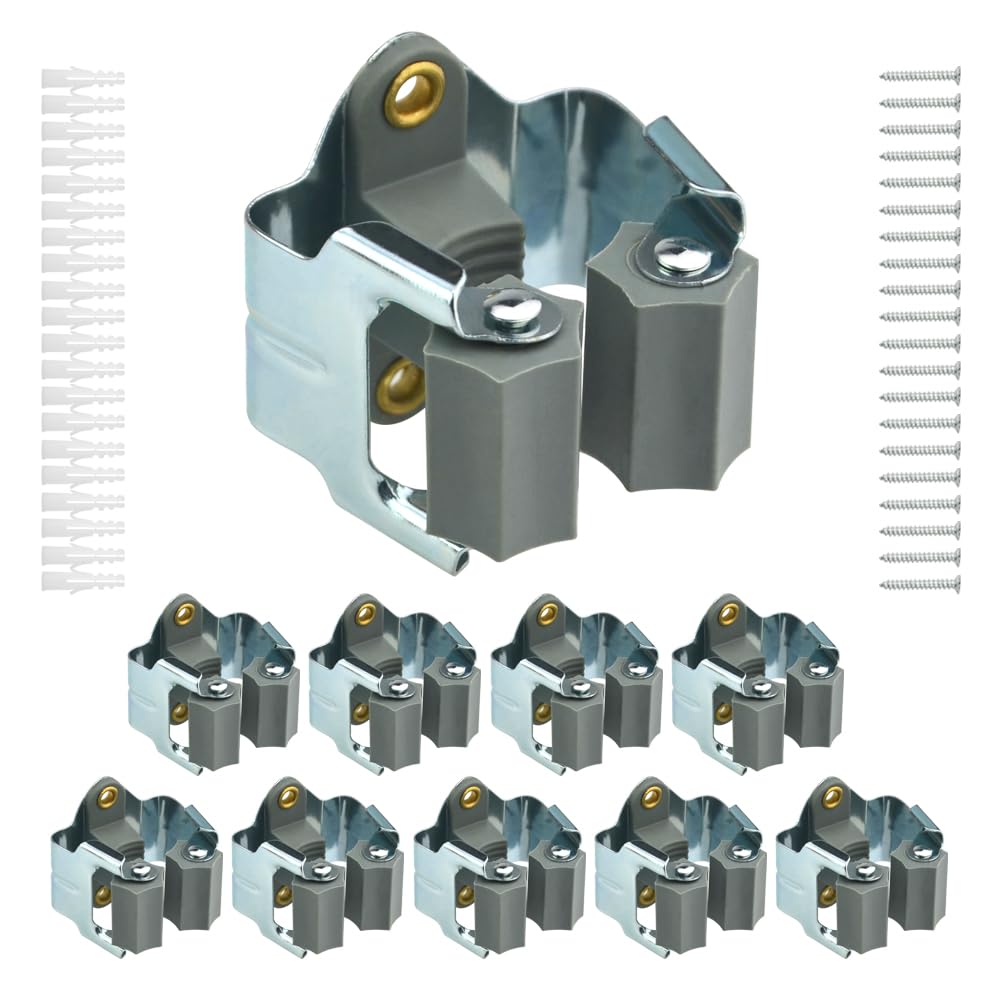 TOVOT 10PCS Broom and Mop Holders Set Metal Mop Holders Wall Mount with Screws Heavy Duty Broom Holders for Garden Tools Daily Tools (silver)