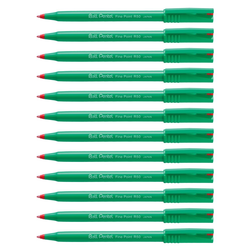 Pentel R50 Rollerball Pen Green Barrel Water-based 0.8mm Tip 0.4mm Line Red Ref R50-B [Pack of 12]