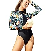 LafyKoly Women's One Piece Long Sleeve Rash Guard UV Protection Printed Surfing Swimsuit Swimwear Bathing Suit