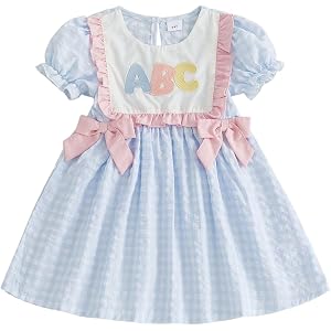 Girls Back to School Clothes Letter Embroidery A-Line Dress Summer Outfit | Cotton Blend, Plaid Print, Crewneck, Puff Short S