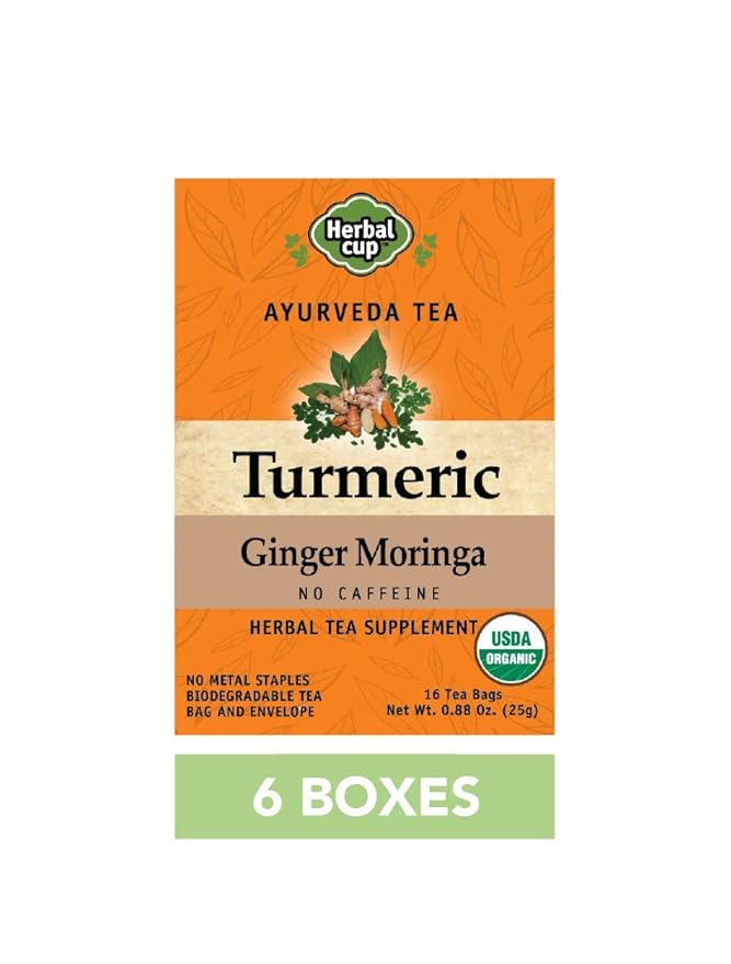 HERBAL CUP TEA TURMERIC GINGER MORINGA 6 Pack, 96 Tea Bags Total ORGANIC