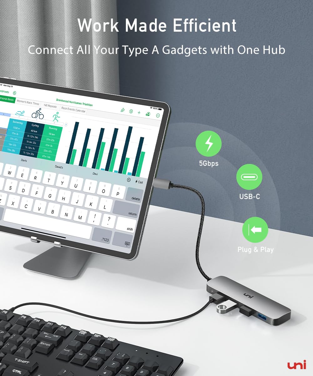 uni USB C Hub mit 4-Port USB 3.0 ultradünner Daten-Hub aus Aluminium, für MacBook Pro/Air, iPad Pro/Air, Dell XPS, Surface Book, iPhone 15 Serie usw. 3
