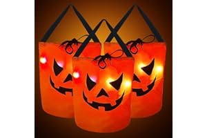 JXITON Halloween Drawstring Candy Bags Light up Multipurpose Halloween Trick or Treat Candy Bag with Pumpkin Smile Face Reusable Orange Goodie Bags for Kids(3 Pcs)