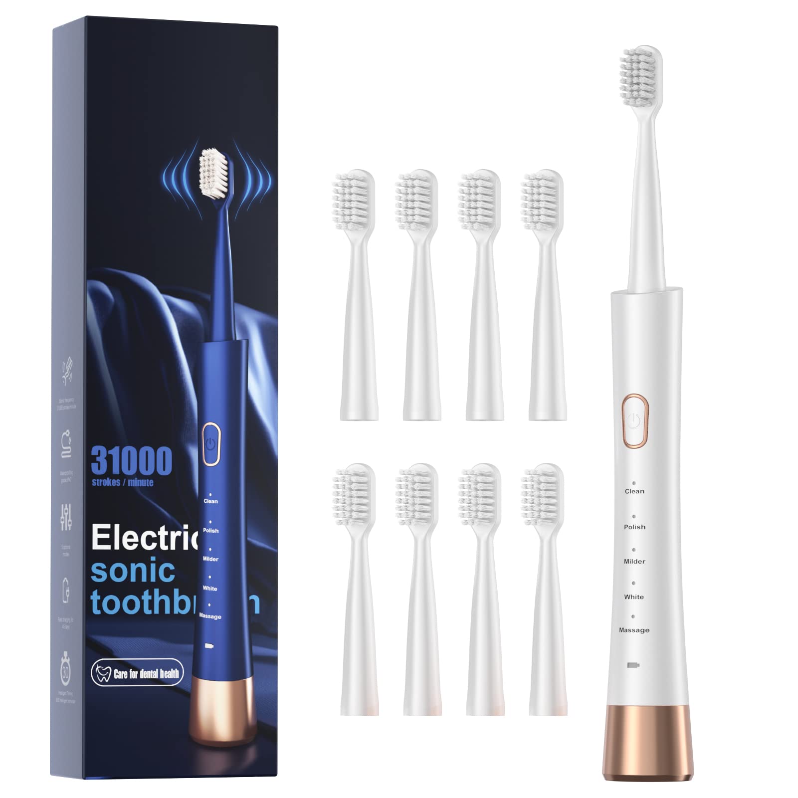 High Vibration Sonic Electric Toothbrush for Adults with 2 Minutes Smart Timer, Fast Charge Lasts Long, 5 Optional Modes, 8 Replacement Brush Heads Ultra Whitening, White