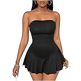 WDIRARA Women's Strapless Tube Romper Ruched Ruffle Unitard Shorts Jumpsuit