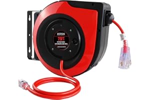 FSTSN Retractable Extension Cord Reel 75 Feet - 14 AWG/3C SJTOW Heavy Duty Power Cord with 3 Lighted Outlets & 10A Circuit Breaker -Indoor Use for Garage, Workshop, Garden, Home (Red)
