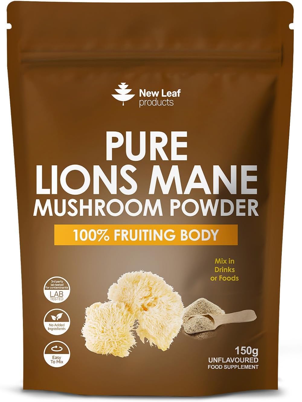 New Leaf Lions Mane Mushroom Powder 3000mg - 60 Servings UK Made