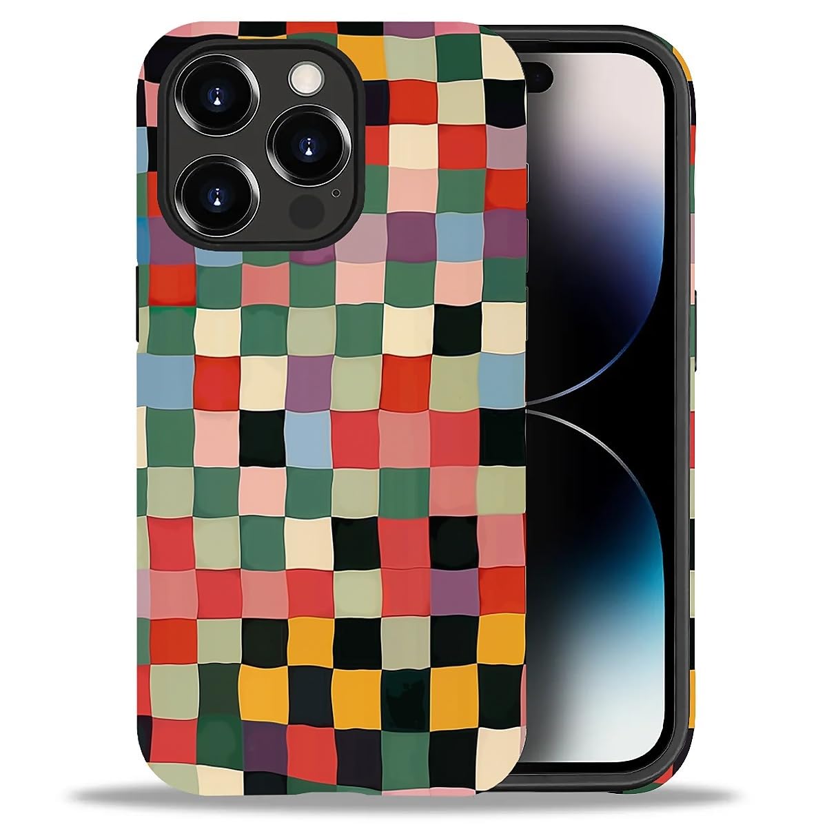 FKBRCL4U for iPhone 14 Pro Case, Hybrid 2-Layer Silicone Protective Matte Case for Girl Women for iPhone 14 Pro Colorful Checkerboard Pixelated Art Pattern