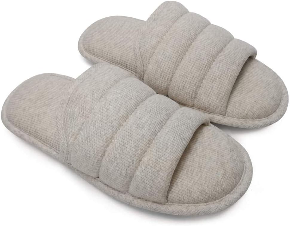 HSXQQL Men's Knitted Breathable Cotton Slip on Flat Slippers for Men Open Toe Soft Memory Foam Indoor Sandals,Beige