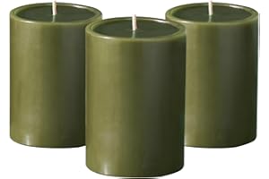 Simply Soson 3x4 inch Dark Moss Green Pillar Candles Set of 3, Smooth Texture, Unscented Green Candles, Dripless Candles, 3 inch Pillar Candles for Wedding Parties Spas Dinner Home Decoration Church
