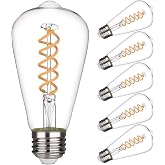 Kiraralite 6 Pack ST19 ST58 Edison Bulb, Vintage LED Filament Bulb,Softy White 2700K, Antique Flexible Spiral LED Filament Light Bulb, Dimmable 600LM, 6W Equivalent to 60W, E26 Base,Clear Glass