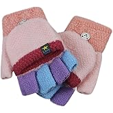 Cartoon Convertible Flip Top Gloves Toddler Kids Winter Wool Knit Fingerless Gloves with Mitten Cover for Girls Boys 2-15 Yrs