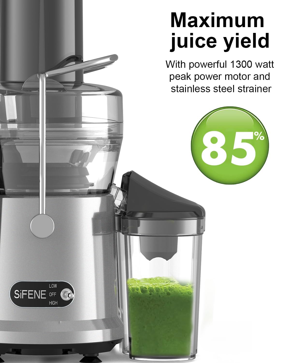 SiFENE Centrifugal Juicer Machine, Rapid 800W Juice Extractor, Large 3.2'' Feed Chute for Whole Fruit & Veg Juicing, Easy to Clean (Silver)