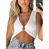 AEVZIV Sexy Crop Tops for Women Sleeveless Deep V Neck Workout Tops Plunge Ring Cleavage Cropped Tank Top