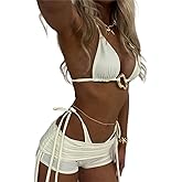 QJQ Women's 3 Piece Triangle String Bikini Set Halter Bow Swimsuits with Shorts Sexy Coverups Bathing Suits White