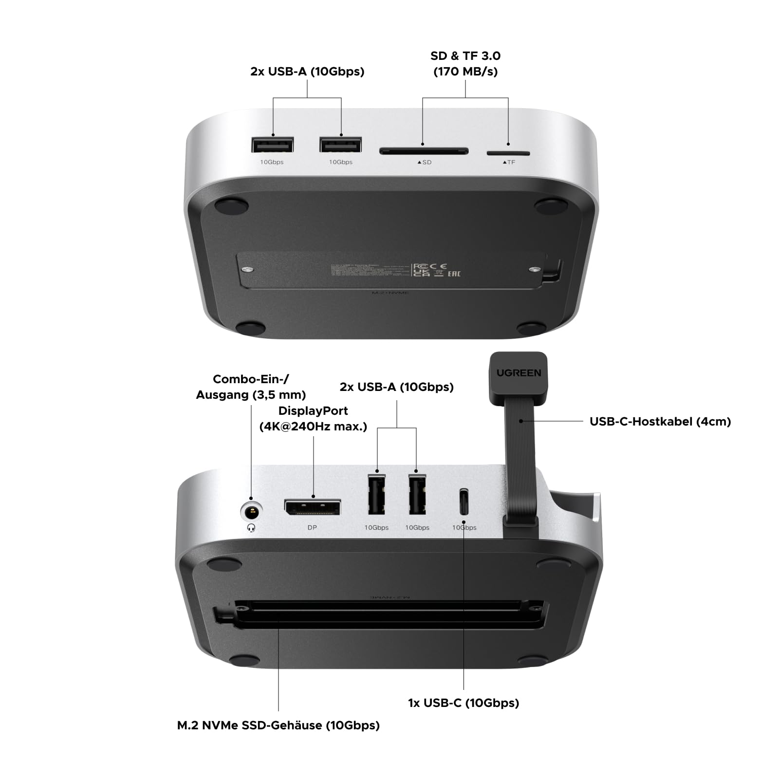 UGREEN Mac mini M4 Dock mit DisplayPort(4K@240Hz max.) für Dual-Monitor-Setups, 10Gbps USB-Anschlüssen, 8TB M.2 NVMe SSD-Slot, SD/TF-Kartenleser & 3,5mm Audio Kompatibel mit Mac mini M4/M4 Pro 2
