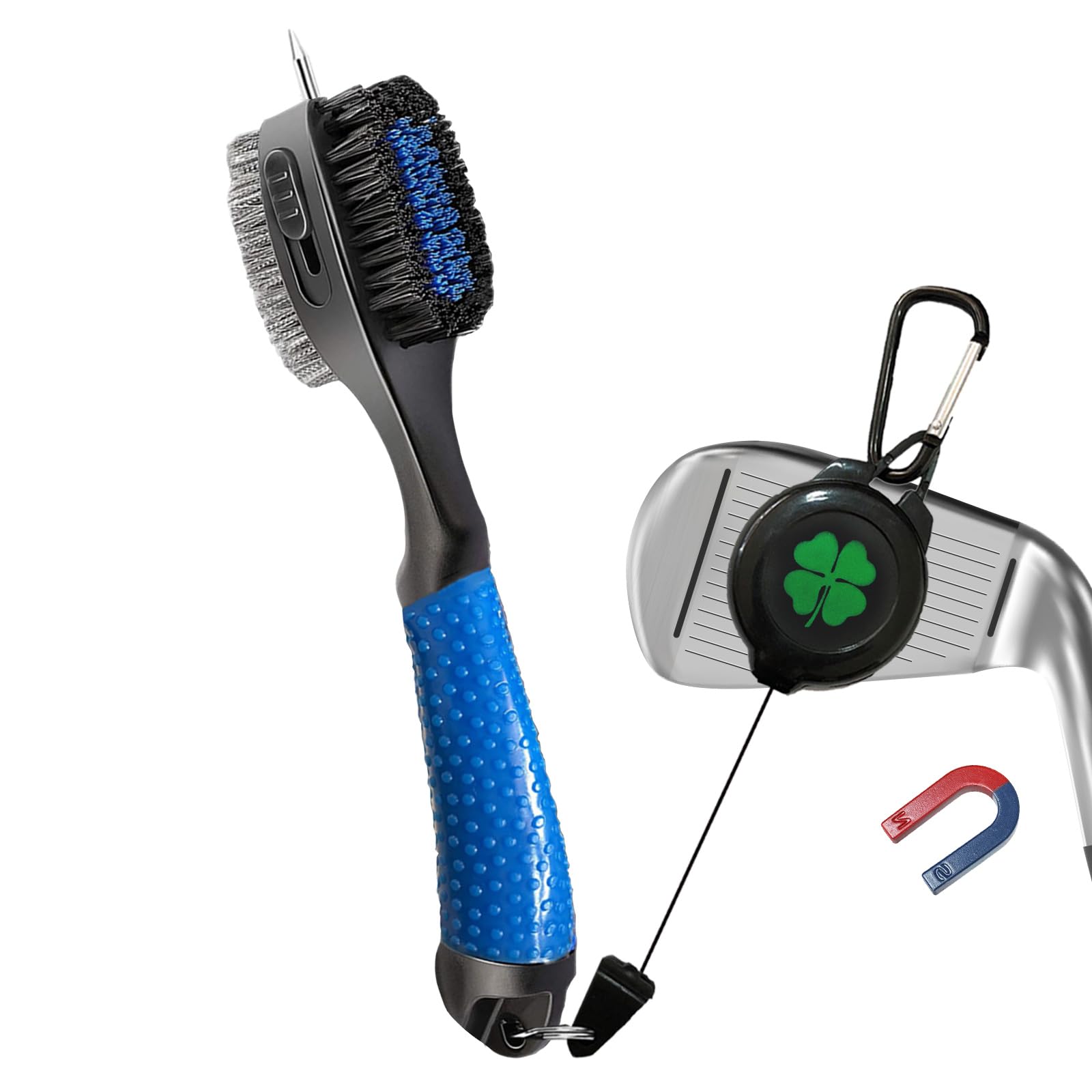 FINGER TEN Golf Club Cleaner Brush Oversized Brush Head Double Sided Brush with Spike for Cleaning Club Groove Retractable Zip-Line Clip Easy to Use (Navy-With Magnetic Clip)