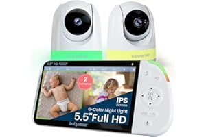 Babysense Full HD 5.5" Split Screen Baby Monitor with 2 Cameras, 6-Color Night Light, White Noise, Sound & Light Machine, 20-Hour Battery, Hack-Proof Non-WiFi Secure Connection