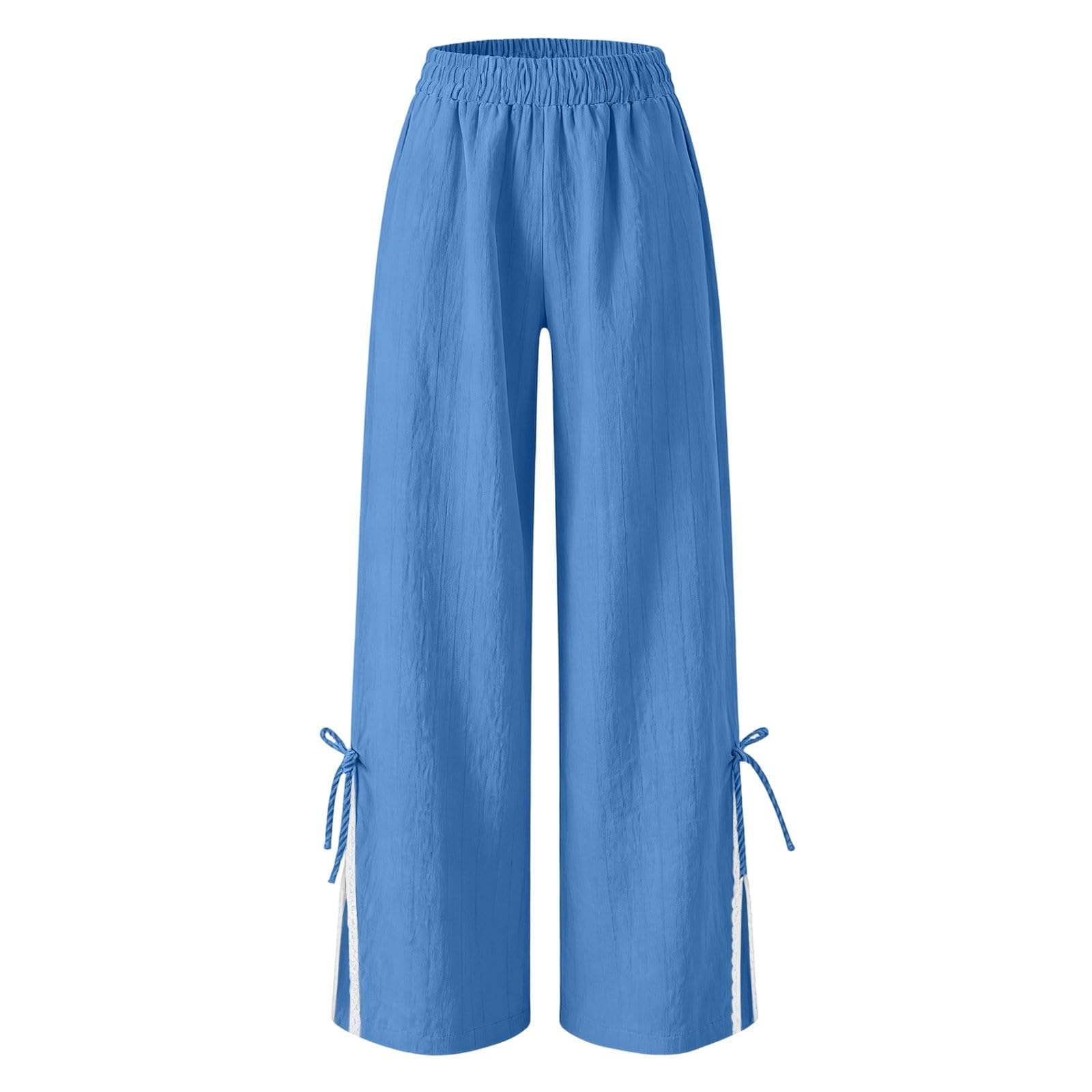 Womens Cotton Linen Palazzo Pants Casual Wide Leg Lace Side Slits Slacks Loose Gauze Beach Vacation Clothes Linen Outfits Women Sky Blue