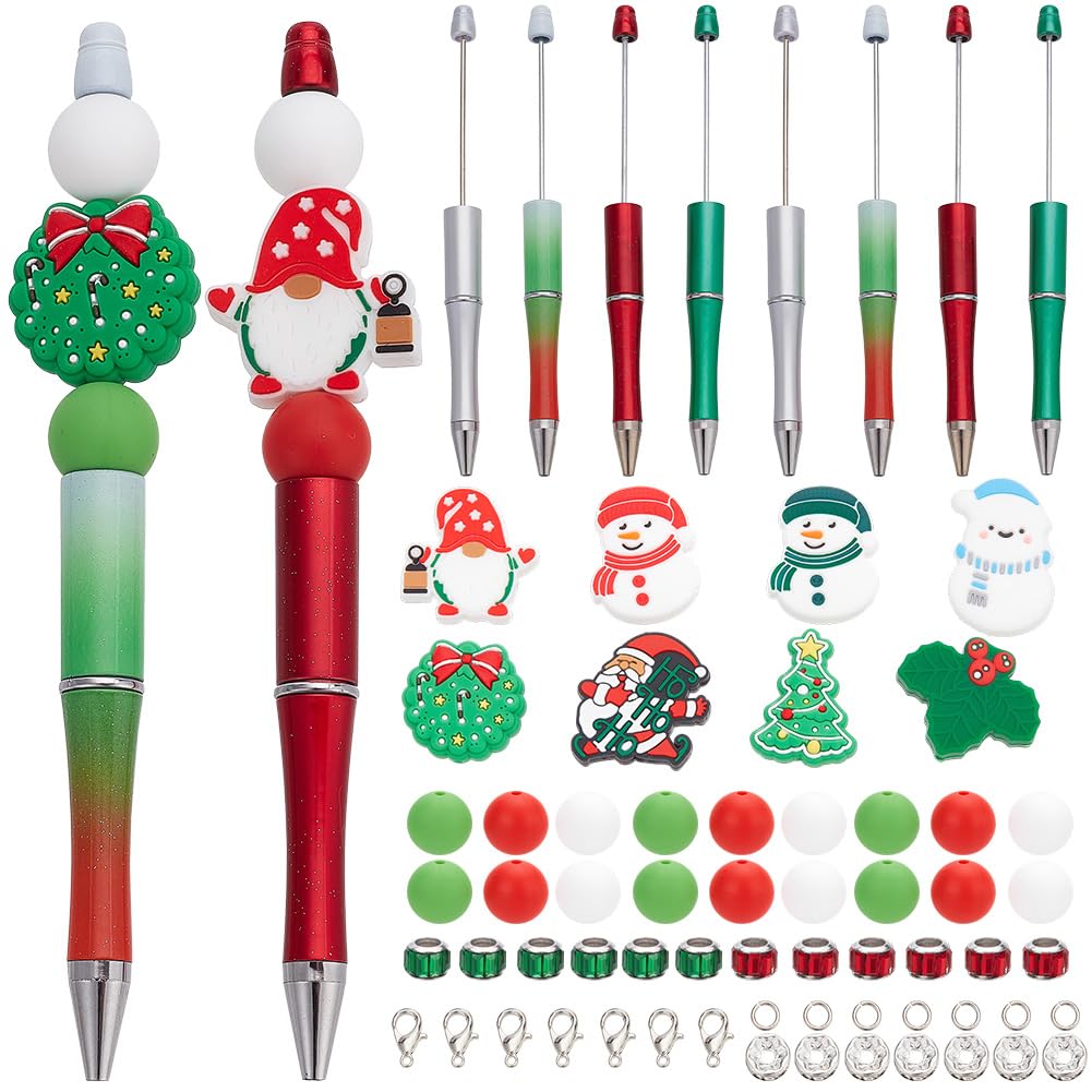 SUNNYCLUE DIY 8 Sets Christmas Beadable Pens Kit Beaded Pens Beadable Pen Beading Pen Xmas Tree Snowman Silicone Bead Red Green Silicone Christmas Beads for Teachers Students Gifts Office School