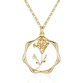 ABDOT Gold Necklace for Women Layered Birth Flower Necklaces 18K Gold Plated Custom Birth Month Floral Necklaces Paperclip Chain Necklace Women Anniversary Birthday Gifts for Women