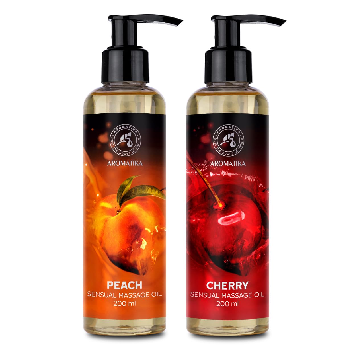 Sensual Massage Oil Set 2x200ml - Peach and Cherry - Edible & Kissable Massage Oil - Blend of Almond & Grapeseed & Macadamia Oils - Body Oil for Him & Her - for Couples - Relaxing Massage Oil