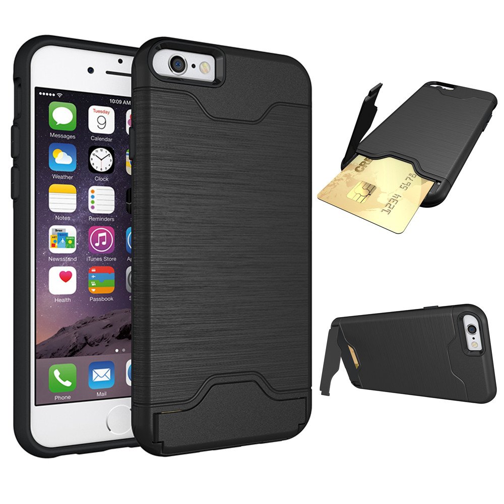 iPhone 6 Cases,[Card Slot] [KickStand] Se7enline Dual Layer Soft TPU&Hard PC Shockproof Anti-Scratch Case Cover with Card Holder for iPhone 6/6S 4.7 inch Black