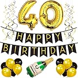 40th Birthday Party Pack – Black & Gold Happy Birthday Bunting, Poms, and Swirls Pack- Birthday Decorations – 40th Birthday Party Supplies
