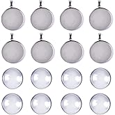 DROLE 60Pcs 20mm Stainless Steel Pendant Trays Kit-30Pcs Jewelry Blanks with Pinch Clip Clasp and 30Pcs Glass Cabochons for Jewelry Making DIY Crafts