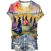 Halloween Shirts for Women Witches Gather Party Tshirt Halloween Witches Graphic Tees Witches Full Moon Art Print Shirt