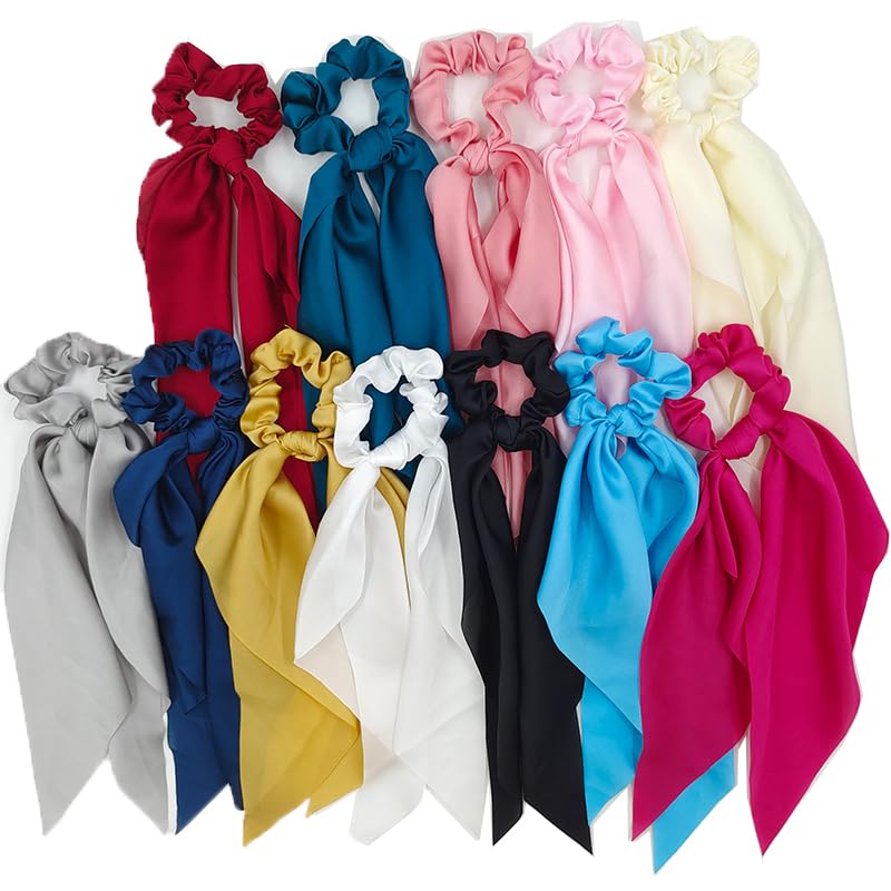 Colorful Solid Satin Headbands 12 Pack - SZETOSY Long Ribbon Knotted Hair Ties Bows Scrunchies Ponytail Headbands 12 Colors Elastics Rubber Hairbands Scarf Hairbands For Women